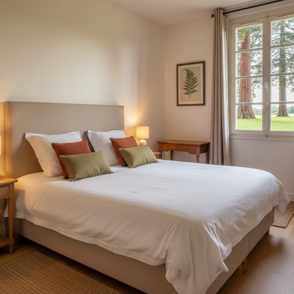 A cozy, self-contained guest bedroom in a countryside villa, staged for short-term rental, featuring a plush double bed with a padded beige headboard, layered with white cotton bedding and accent cushions in muted terracotta and olive tones. On either side, minimalist wooden bedside tables hold small ceramic lamps casting a warm, diffuse glow. A large window frames a view of tall sequoia trunks and green lawn outside, with soft late-morning daylight filtering in. The walls are painted a warm off-white, decorated with a single tasteful botanical print. Shot in photographic realism from a corner angle to show both bed and window, with even, balanced lighting. The atmosphere is tranquil and intimate, suggesting rest and nature immersion just minutes from Avignon’s center.