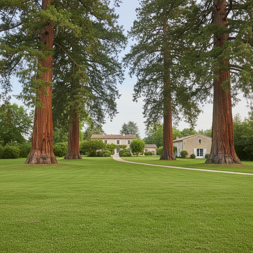 A serene, wide-angle view across the park-like grounds of La villa des séquoias, focusing on the impressive trunks and canopy of several mature sequoia trees rising from a well-kept green lawn. In the mid-distance, partially visible behind foliage, the pale stone villa and outbuilding that house the studio and furnished room subtly emerge, suggesting discreet accommodation within nature. The scene is lit by soft, diffused morning light under a lightly overcast sky, giving even illumination and gentle contrast. Photographic realism with a low-angle perspective near the grass level accentuates the height of the trees and depth of the grounds. The mood is peaceful, spacious, and slightly contemplative, emphasizing the unique wooded setting and rural charm just ten minutes from Avignon center.