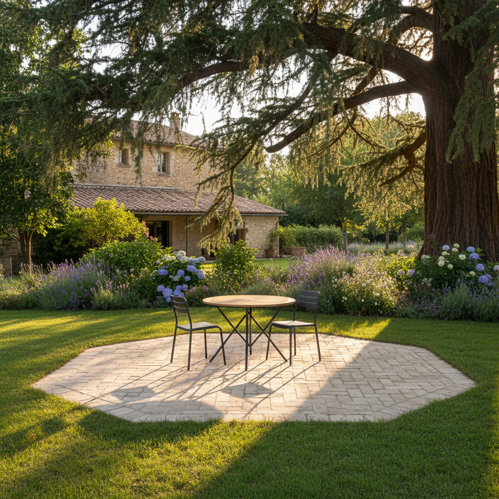 An elegant outdoor terrace area of a seasonal rental on the Île de la Barthelasse, featuring a small paved patio with light sandstone tiles and a bistro-style outdoor dining set in matte black metal with wooden tabletop. The terrace is nestled beneath the shade of towering sequoia branches, with dappled sunlight creating intricate patterns on the ground. Surrounding the terrace, a lush lawn, mature trees, and flowering borders frame distant glimpses of the villa’s stone façade. Photographic realism, captured from a slightly elevated angle, emphasizes depth, with the table in sharp focus and the background gently blurred. The early evening golden hour light creates a warm, inviting glow and long, soft shadows, evoking relaxed summer evenings in a peaceful, countryside setting near Avignon.