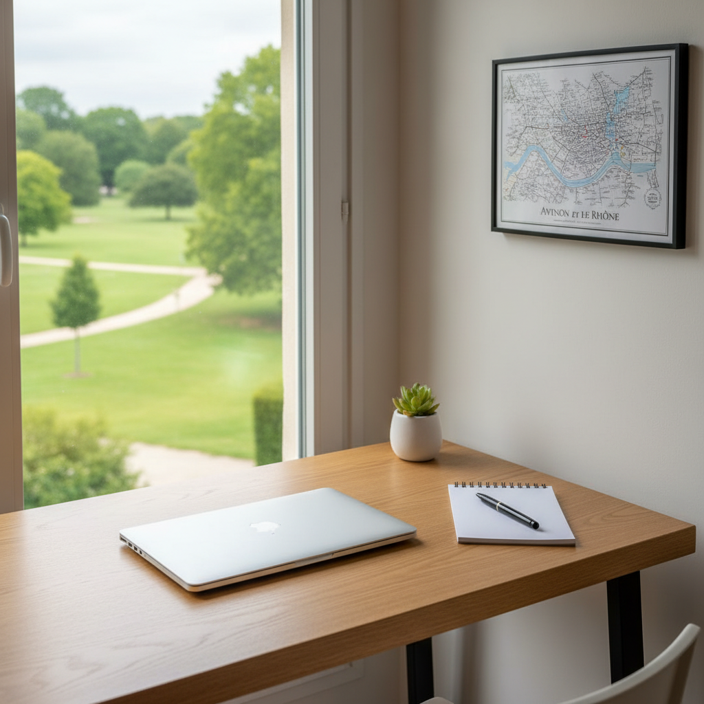 A refined workspace corner inside the rental studio, designed for remote stays, featuring a compact light-wood desk positioned near a window overlooking green parkland. On the desk, a closed silver laptop, a small potted plant, and a neat notepad with pen rest in an uncluttered arrangement. The wall above holds a simple framed map of Avignon and the Rhône. Soft natural daylight pours in from the side, creating gentle highlights on the desk surface and a faint reflection on the laptop. Photographic realism at eye level, with a shallow depth of field subtly blurring the leafy exterior. The mood is calm, focused, and professional, conveying that guests can work comfortably in a serene, countryside environment while staying near the city.