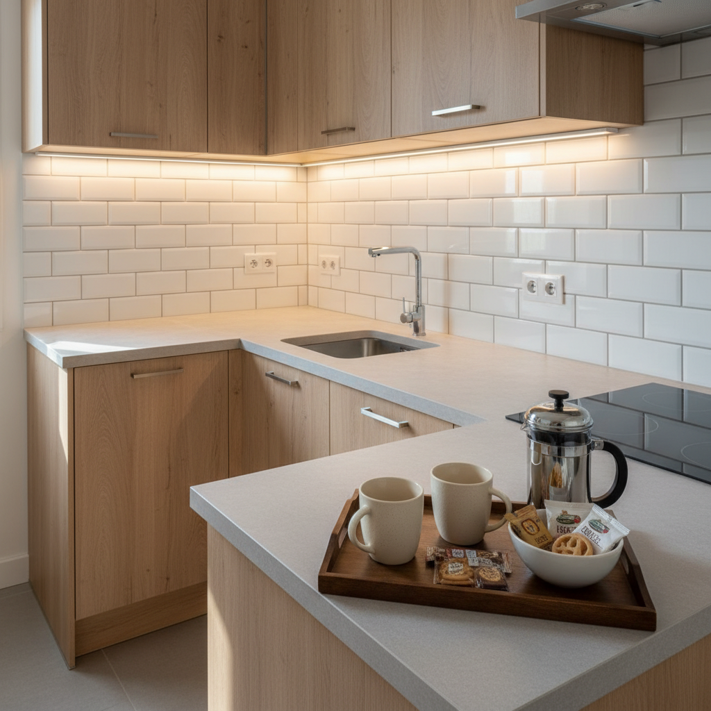 A detailed interior view of the studio’s compact kitchenette, showcasing light oak cabinets with minimalist handles, a smooth pale stone countertop, an integrated induction cooktop, and a small stainless steel sink. On the counter, a neatly arranged welcome tray with two ceramic mugs, a French press, and a small bowl of packaged local treats adds warmth. White subway tile backsplash reflects soft, even under-cabinet lighting, while daylight from an unseen window provides natural fill light. Photographic realism from a slightly elevated angle, with sharp focus throughout to highlight cleanliness and functionality. The atmosphere is practical yet inviting, emphasizing that this seasonal rental offers everything needed for independent stays on the Île de la Barthelasse in a modern, well-maintained environment.