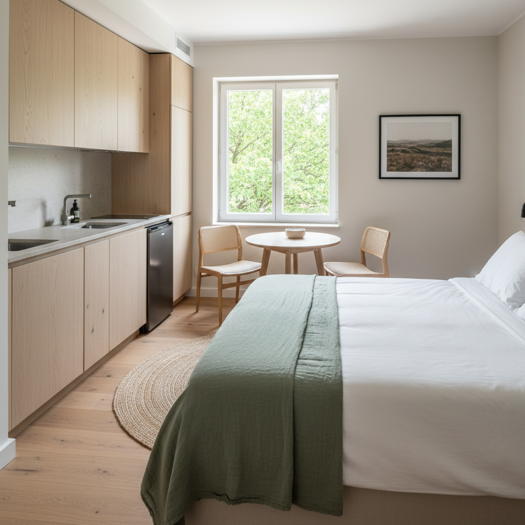 A bright, tastefully furnished studio interior designed for seasonal rental, with a comfortable double bed dressed in crisp white linens and a textured linen throw in soft sage green. A compact, modern kitchenette with light wood cabinetry and a pale stone countertop lines one wall, while a small dining table with two chairs sits near a large window overlooking leafy trees. Soft natural daylight streams in, illuminating neutral-toned walls, a simple framed landscape photograph, and a woven jute rug on light oak flooring. Photographic realism at eye level, with a slightly wide lens and shallow depth of field subtly blurring the window view. The mood is calm, orderly, and professional, highlighting comfort, functionality, and understated elegance.